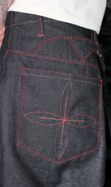 [Hand-Made "003"] Zipper & Flower Black Denim Pants
