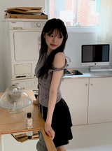 リボンストラップオフショルダーショートスリーブTシャツ (5color)