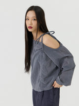 One-shoulder Blanc Ribbon Shirring Detail Top, Charcoal