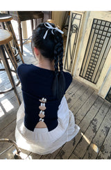 Back White Bow Long Sleeve Knit T-shirt