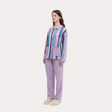 ロイヤル パープル アンド エメラルド グリーン コントラスト ストライプド スリープセット - 95% Cotton 5% Spandex Relaxed Pajamas