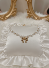 Adorable Ribbon Pearl Choker Necklace - Gold