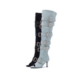 Denim Buckle Open Toe Boots Heel(Black)