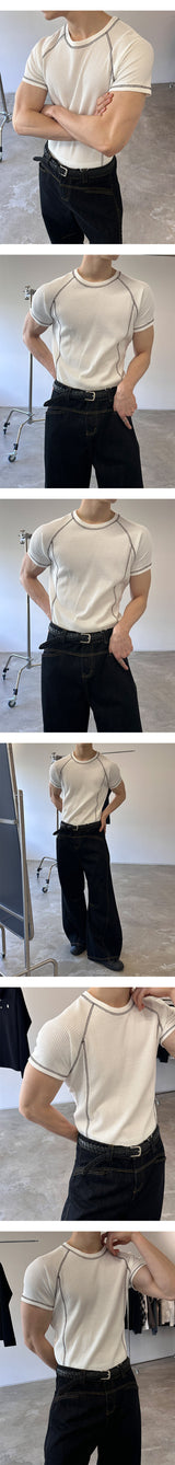 [MUSCLE FIT] ステッチワッフルハーフTシャツ(3color)