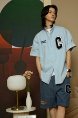 ネイビーCパッチライトブルーデニムショートスリーブシャツ [Unisex]