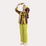 ロイヤル パープル アンド エメラルド グリーン コントラスト ストライプド スリープセット - 95% Cotton 5% Spandex Relaxed Pajamas
