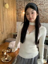 Choker V-neck Lace V-neck Long Sleeve T-shirt