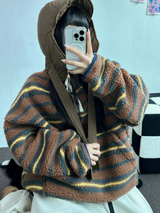ストライプフリースワンサイドストリングアノラックニットスウェット 💙🩶🧡3COLOR