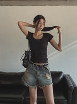 [U-BASIC] Slimming Basic Square Neck S/S T-shirt