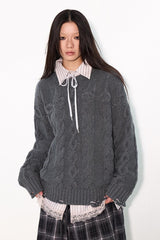 Heavy industry water-washed hand-distressed cable-knit sweater