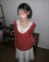 (3color) Ruffle Deep V-neck Slim Long Sleeve Tee