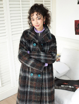 Gradient blue polka dot checkered contrasting color woolen overcoat