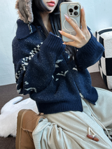 スノーフラワーカラーノルディックツーウェイジッパーニットジップアップ❤🖤🤎🩶🤍5カラー