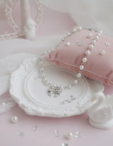 [TWICE Chaeyoung Necklace] Adorable Ribbon Pearl Choker Necklace - Silver