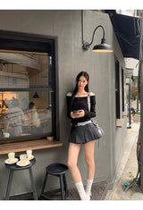 チャコールAラインプリーツミニパンツスカート