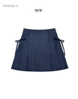 (NEW) Denim Ribbon Pleats Skirt 2 Colors
