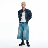 Washed Line Leather Jacket - BLACK