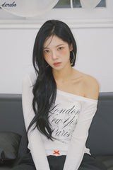 wide neck lettering normal fit long-sleeved T-shirt