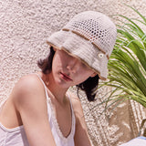 Heart Chain Crochet Ribbon Bucket Hat / Beige