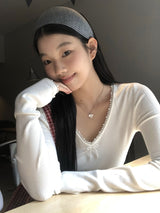 Pearl Bow V-neck V-neck V-neck Long Sleeve T-shirt