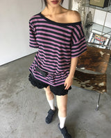 Mats Stripe One Off-Shoulder Oversized Fit Short-Sleeved T-Shirt