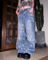 Rough Flower Embroidery Mid Wash Denim Pants
