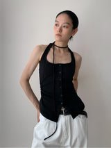 Single buckle ホルターネックレースアップノースリーブ Tシャツ