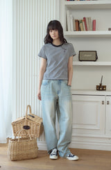 26SS★ Falling Cat Stripe Crop Short Sleeve Tee