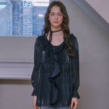 See-through Ruffle Blouse - PEARL BLACK