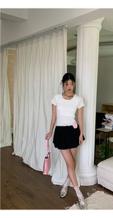 Back slit bow ribbed short sleeve tee