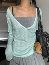 City Girl Sheer Deep V-Neck Knit Top 8color