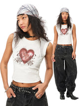 Knitted mesh panelled print hot diamond brad vest