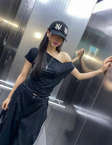 ドレープ シャーリング アンバランス オフショルダー Tシャツ