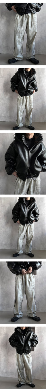 [F/W] Leather raccoon fur hood jumper