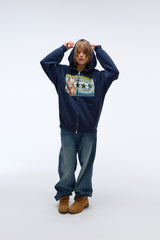 Sound wave artwork damage washing hoodie zip-up (Navy)