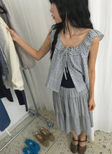 Baso Check Frill Seersucker Boat-Neck Blouse