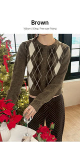 [F/W] Argyle round neck crop cardigan(3color)