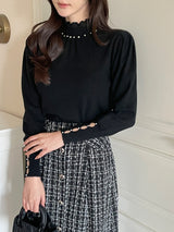 Genuine Pearl Slit Frill Turtleneck Knit