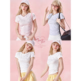 [GirlyFancyClub] Exquisite Small Rhinestone Letter Summer Square Neck T-shirt