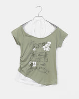 フラワーレタリングプリントホルターネック半袖Tシャツ