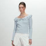 FRILL OFF SHOULDER T-SHIRT / SKYBLUE