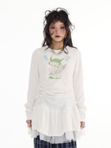 ホワイトメッシュスカートプリンテッドTシャツ