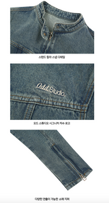 Sand Washing Crop Biker Denim Jacket