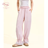 [GirlyFancyClub] Pink Tencel Linen Pants for Women Lazy Comfortable Dual-Wear Elastic Waist Straight Leg Carrot Pants