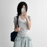 ユニークディープVネックホルターショートスリーブTシャツ (3 colors)