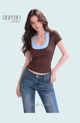 ブルー ホルター ブラウン ショートスリーブ Tシャツ