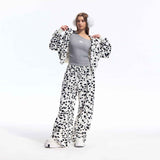 Black White Dalmatian Print Wide Leg Sweatpants Cotton Blend Casual Pants, Unisex
