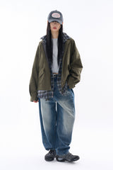Deep side fold balloon denim pants
