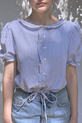 Frill Gingham Blouse [Blue]