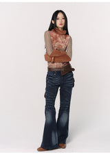 CONFUN Design sense three-dimensional cat whiskers, aged washed flared jeans style